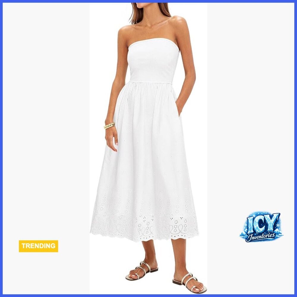 Strapless Tube Top Maxi Dress with Eyelet Embroidery and Pockets